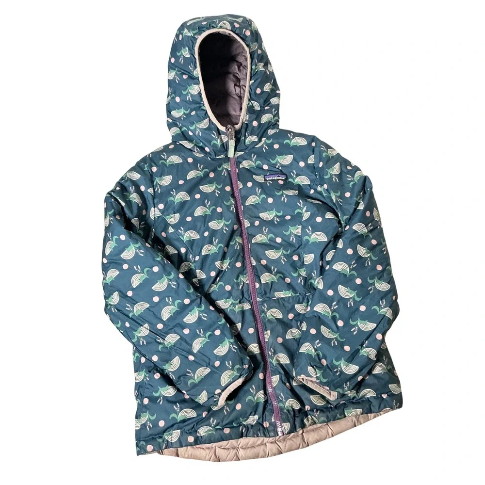 Patagonia Reversible Down Sweater Hoody Kids M 10 Blue Whale Purple Puffer Coat